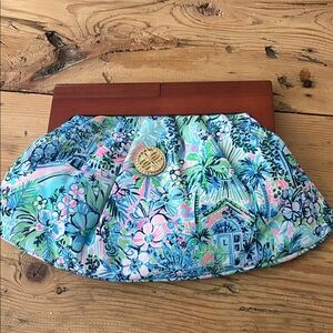 New Lilly Pulitzer Bermuda Clutch Purse Lilly’s House Print Blue Pink Bag